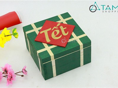 Hộp gỗ đựng bánh mứt Tết hình bánh chưng số 02